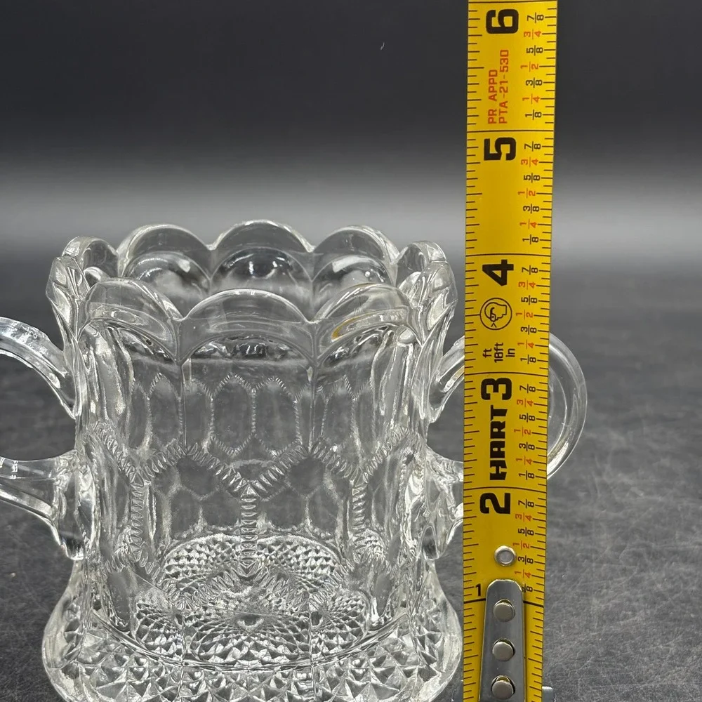 Vtg Rare Pressed Glass Scalloped Sugar Bowl Honeycomb Diamond Pattern 4